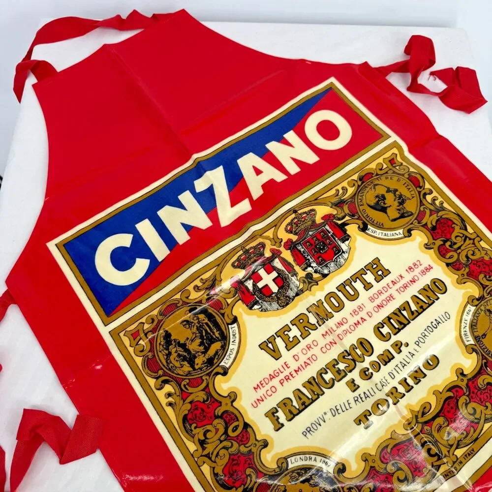 Vintage Cinzano Vermouth Torino Red Coated Fabric Apron Printed In Italy Barware